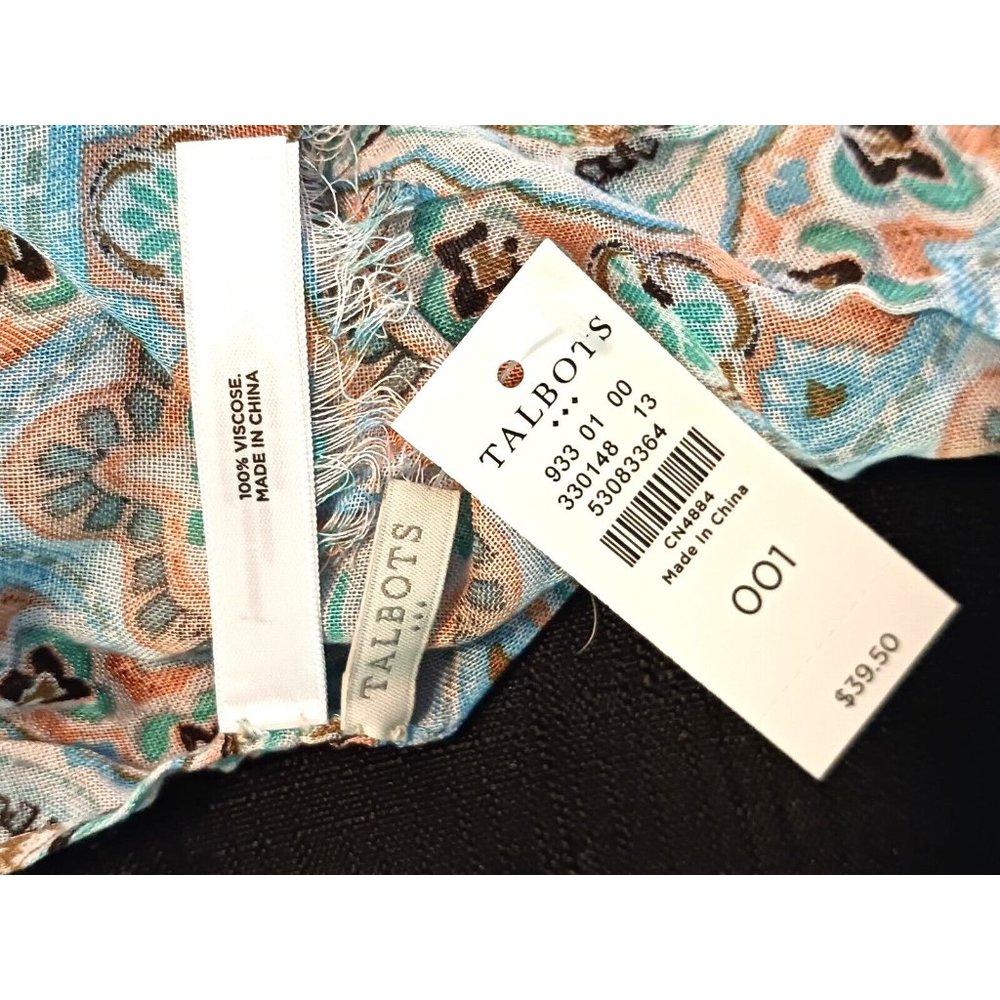 TALBOTS NWT Blue/Pink Geometric Print Lightweight Viscose Oblong Scarf w/Raw Hem - Picture 2 of 4